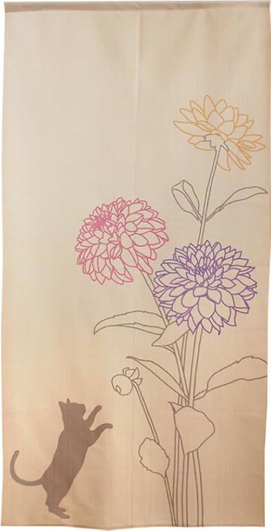 のれん目隠し 壁飾り 猫と花 縦147×横87.5cm ベージュ