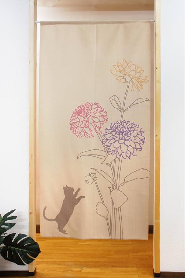 のれん目隠し 壁飾り 猫と花 縦147×横87.5cm ベージュ