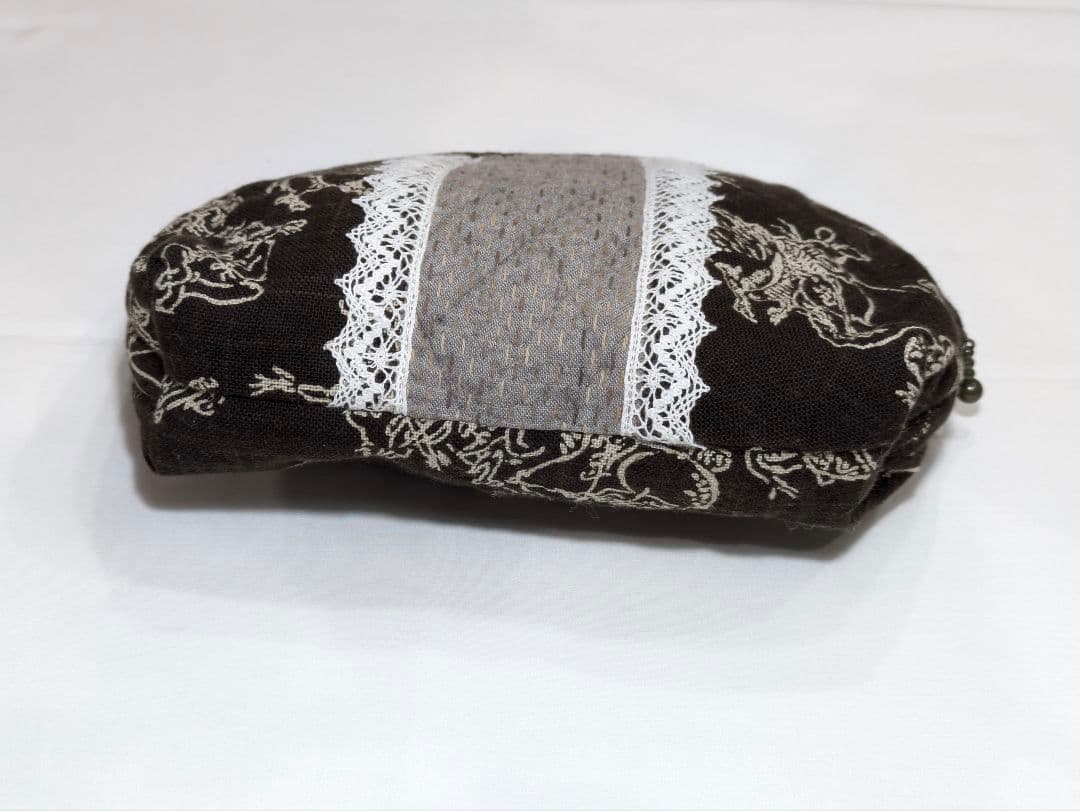 ハンドメイド 鳥獣戯画 レース付き ポーチ ダークブラウン