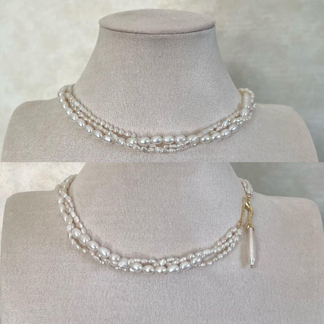 ツイストパールネックレス　パールマンテルネックレス　3連捻りレイヤードネックレス