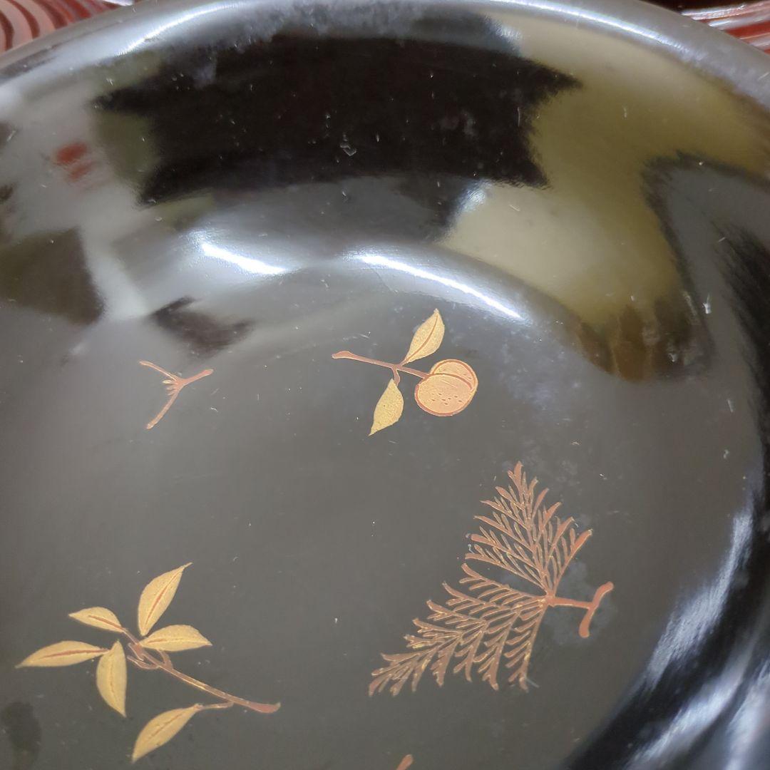 骨董　蓋付き椀　お椀　大振り　蒔絵　海老　若松　南天　木製　漆器　5つ〜