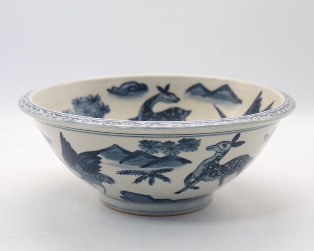 中国　染付　鶴鹿紋碗　大明弘治年製銘　送料込み250227
