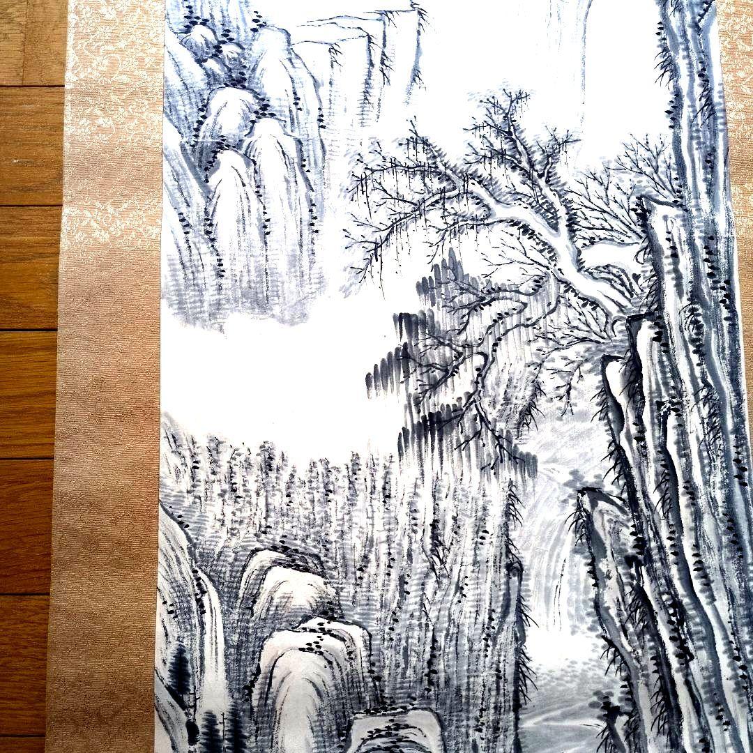 東江先生水墨画 山水風景 掛軸