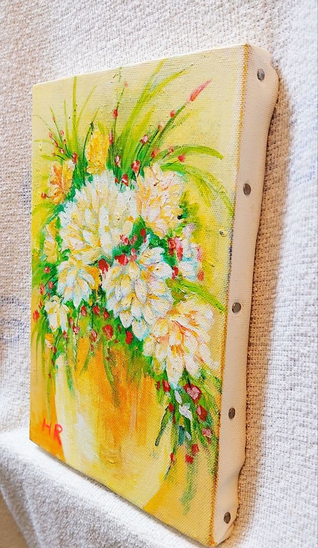 油絵 絵画【白と黄色花】