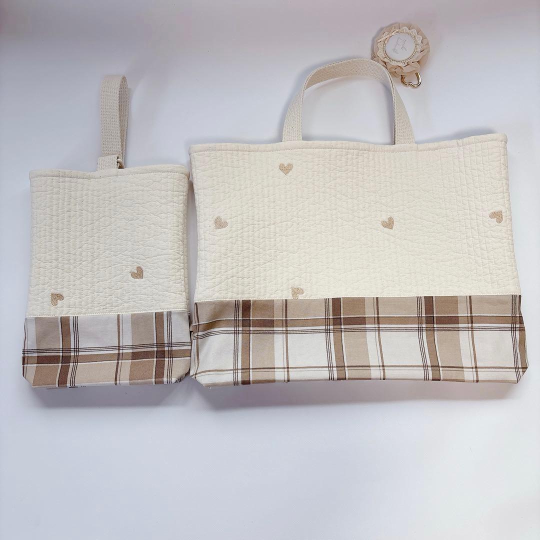 ヌビ　ハート　刺繍生地　レッスンバッグ　上履き袋　2点　キルト　キルティング