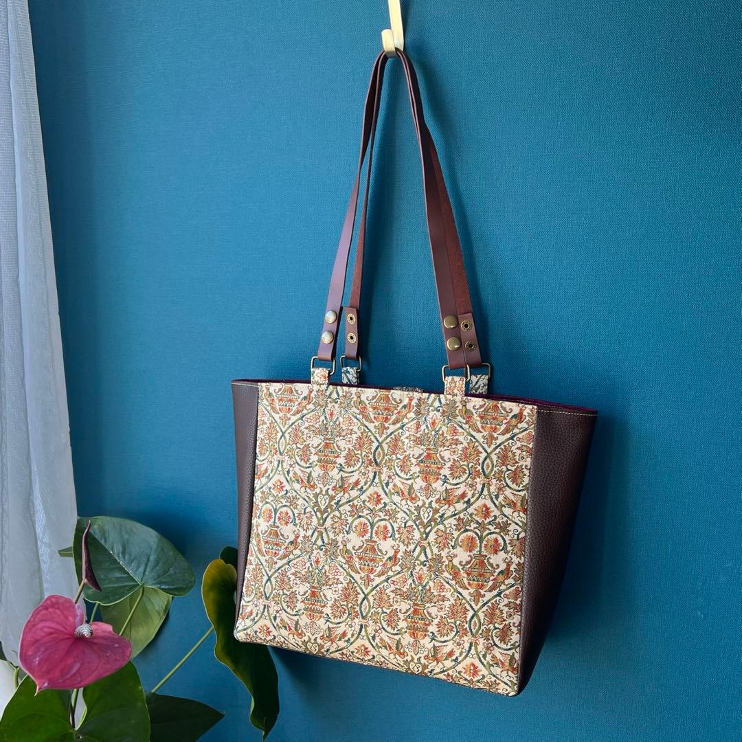 帯リメイク 和装バッグ 花鳥文様 本革ハンドル トートバッグ