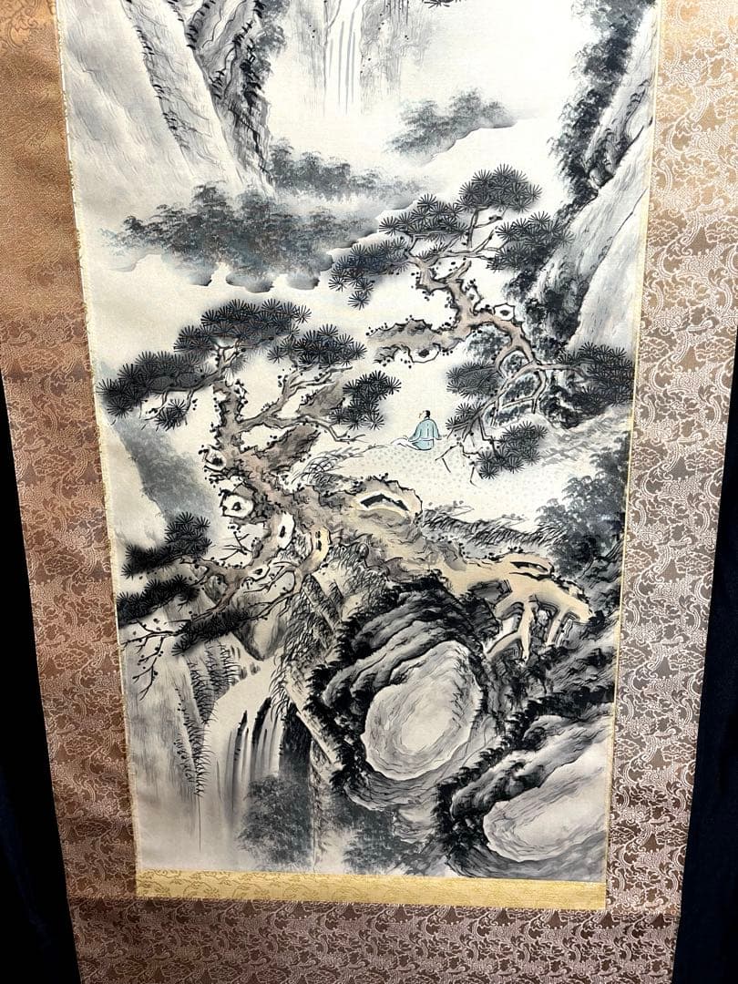 大判！[光則・絹本・山水図・観瀑図]／山崎光則　美術品　水墨画