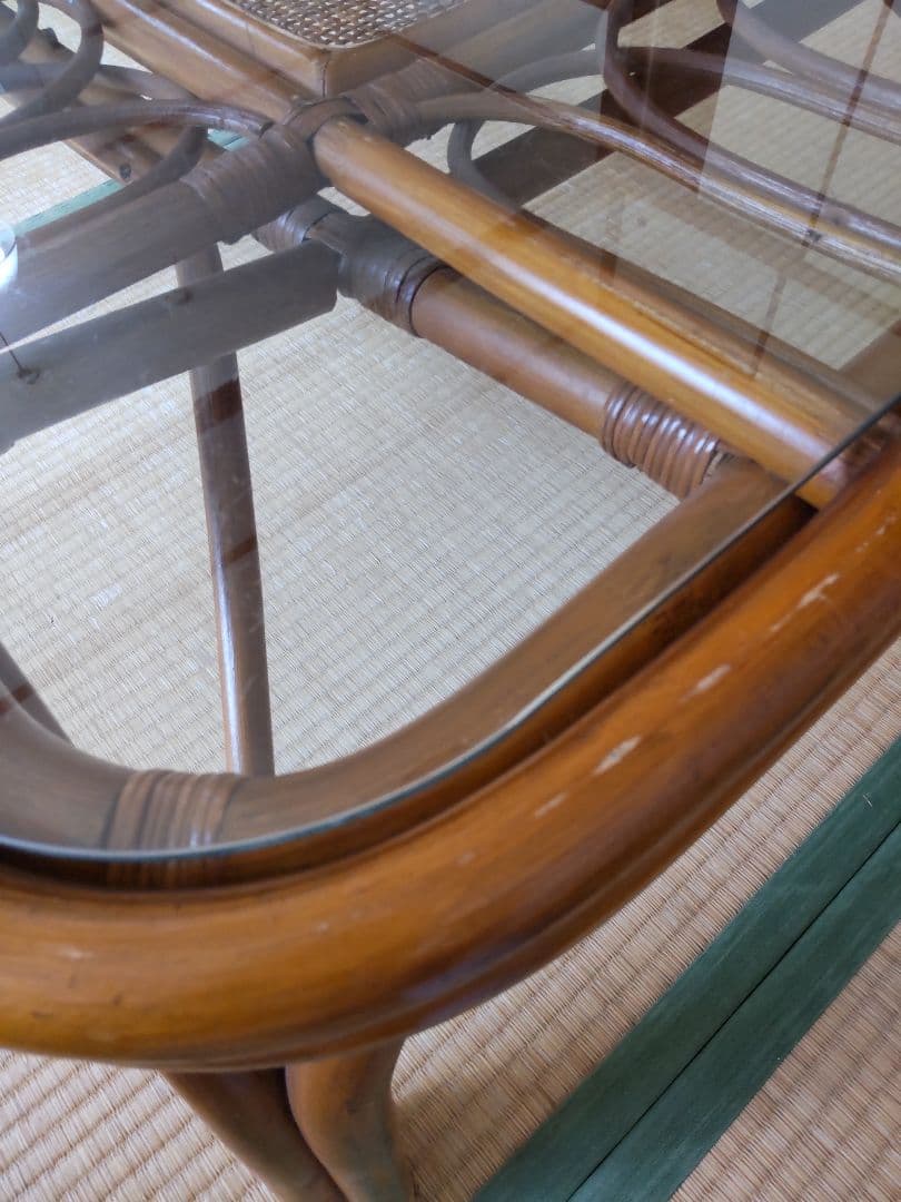 藤 　ラタン製 　ローテーブル　 　５mm厚強化ガラス使用の天