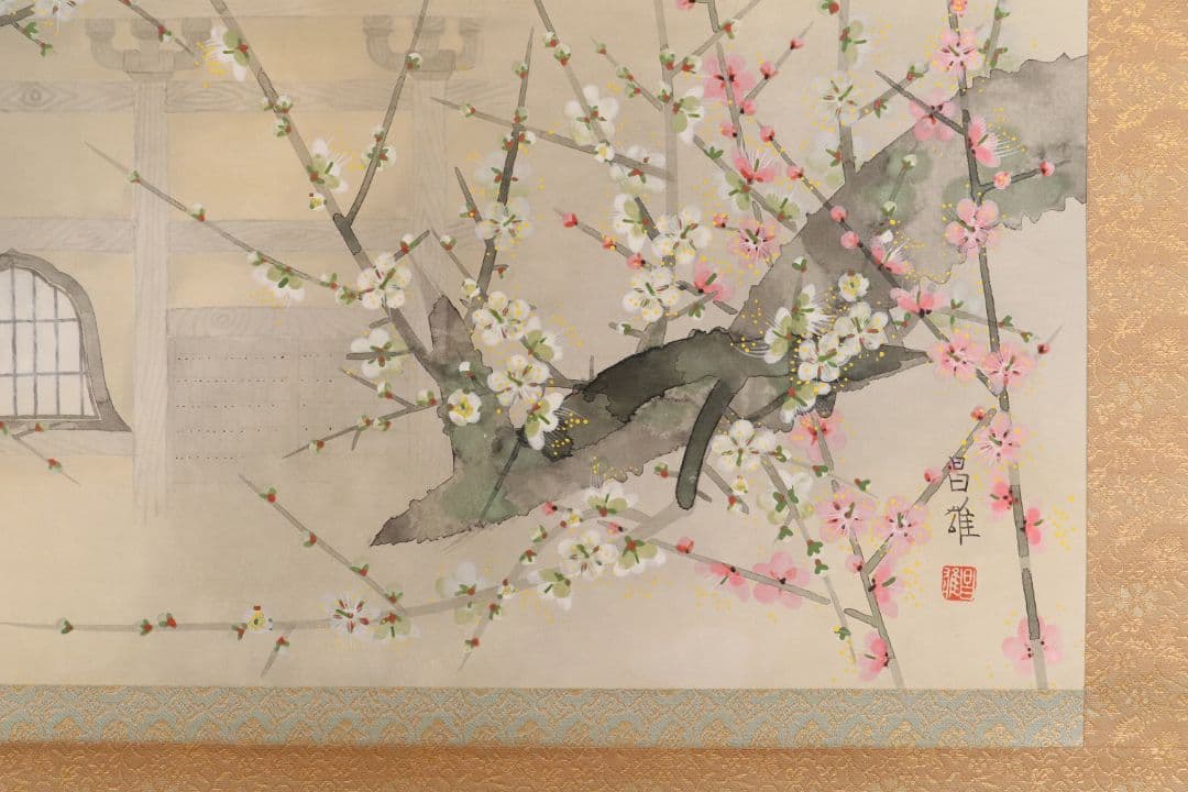 【真作】日本画 宮本昌雄「梅の寺」絹本 掛け軸 木箱 横物 MA434