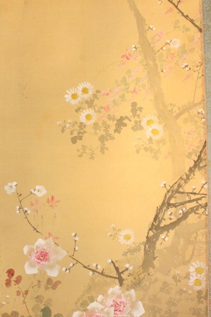 No4991 掛軸　中島雅堂　四季草花之図　絹本着色　合箱　古美術　送料無料