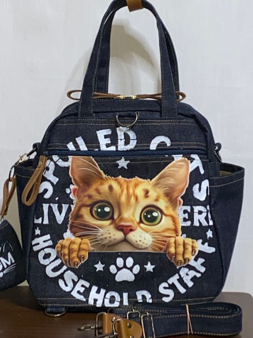 ☆岡山デニム☆ステンシル☆トラネコ☆リュック対応☆4wayボストンバッグ