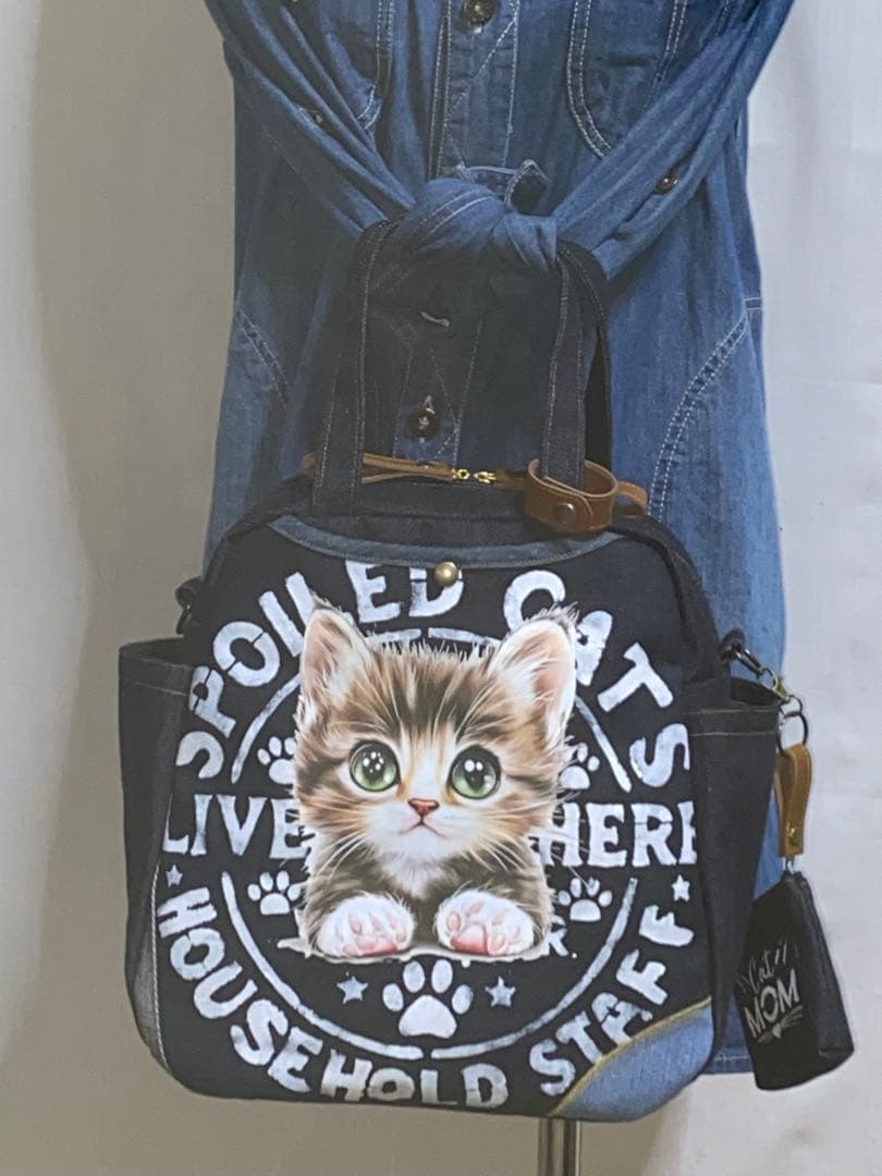 ☆岡山デニム☆ステンシル☆トラネコ☆リュック対応☆4wayボストンバッグ