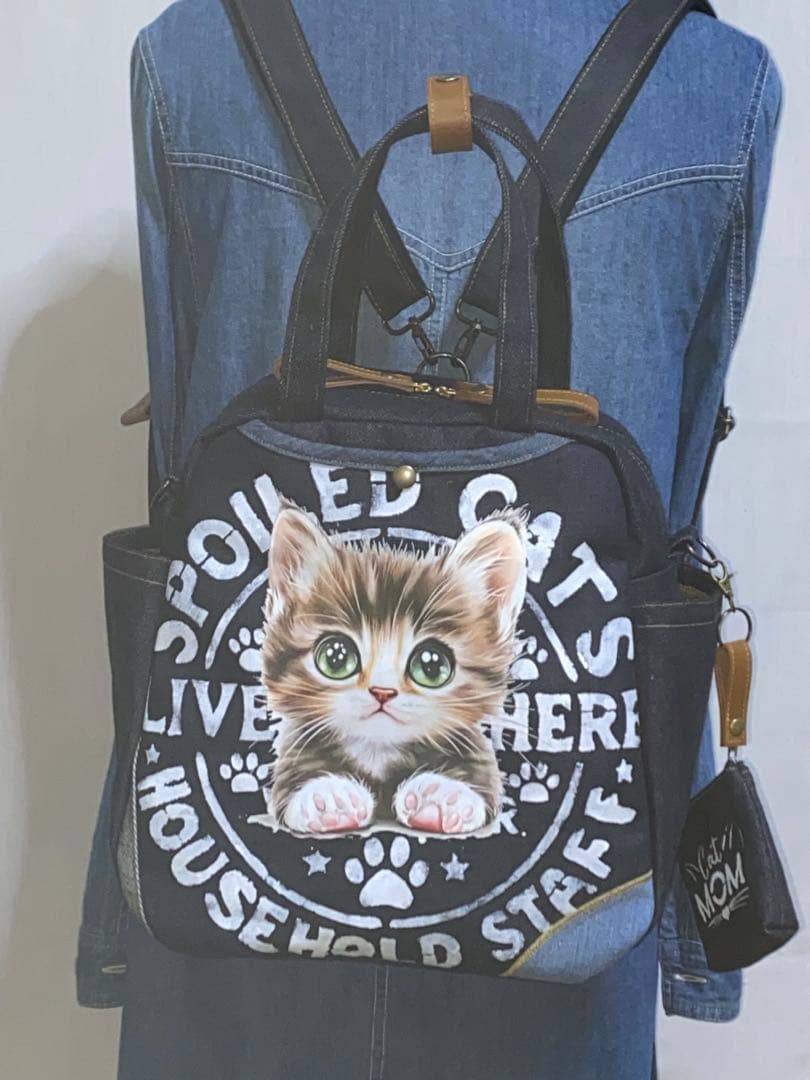 ☆岡山デニム☆ステンシル☆トラネコ☆リュック対応☆4wayボストンバッグ