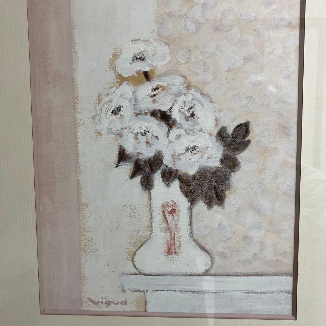 ヴギュド油彩画花瓶の白い花サイン入り