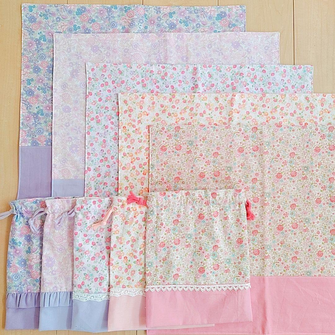ハンドメイド ランチョンマット 給食袋 女の子 花 いちご リボン 40×45