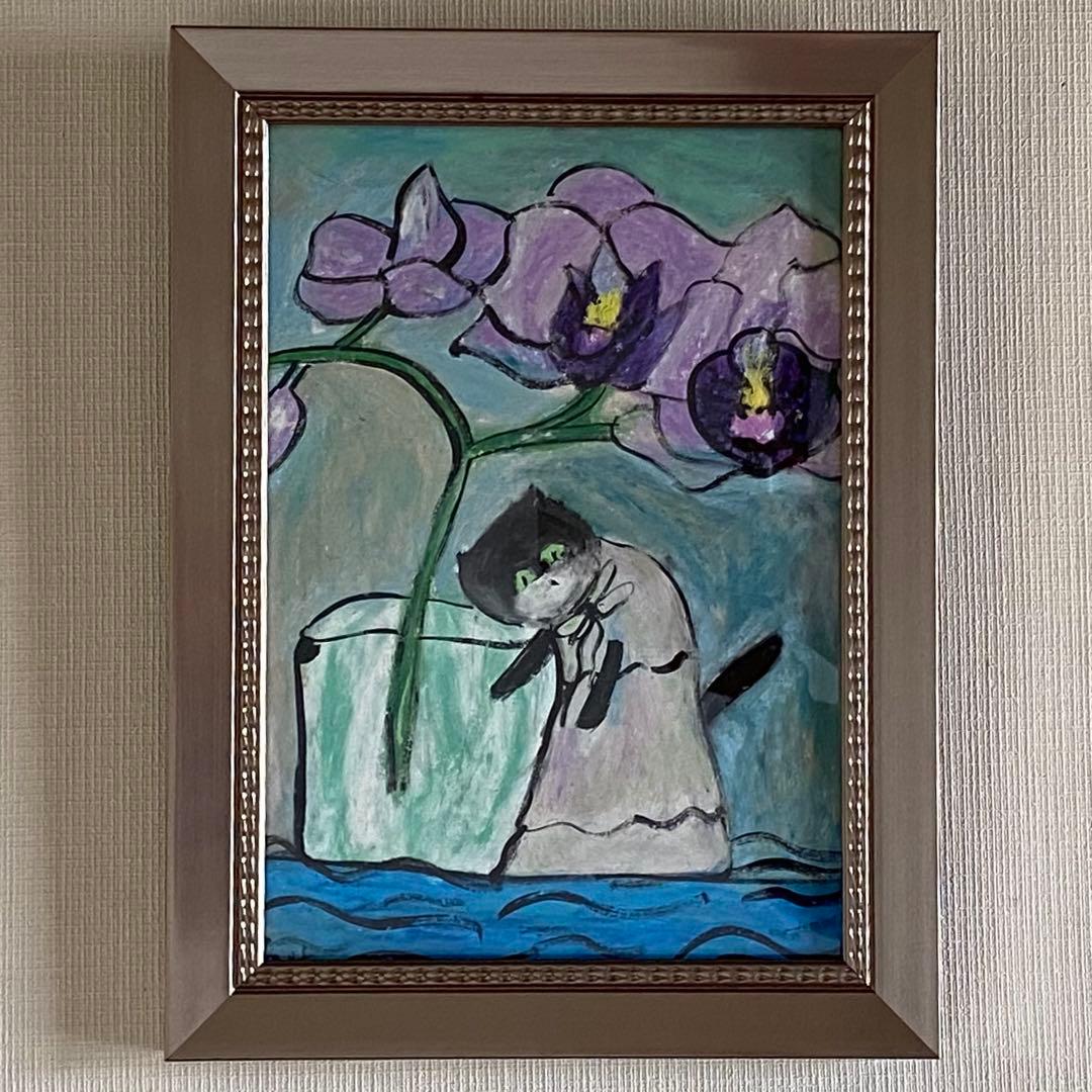 絵画 。壁掛け絵☆【猫ちゃんが丁寧に守ってくれる胡蝶蘭がもたらす幸せ】