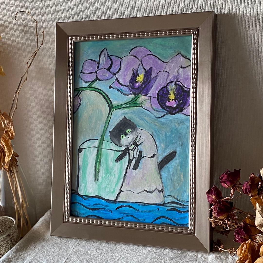 絵画 。壁掛け絵☆【猫ちゃんが丁寧に守ってくれる胡蝶蘭がもたらす幸せ】