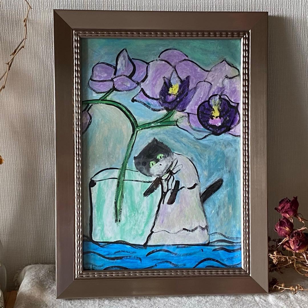 絵画 。壁掛け絵☆【猫ちゃんが丁寧に守ってくれる胡蝶蘭がもたらす幸せ】