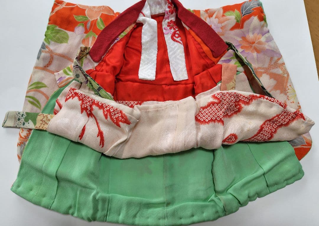 [市松人形　10号]　アンティーク錦紗ちりめん　着物(比翼仕立て)と帯一式