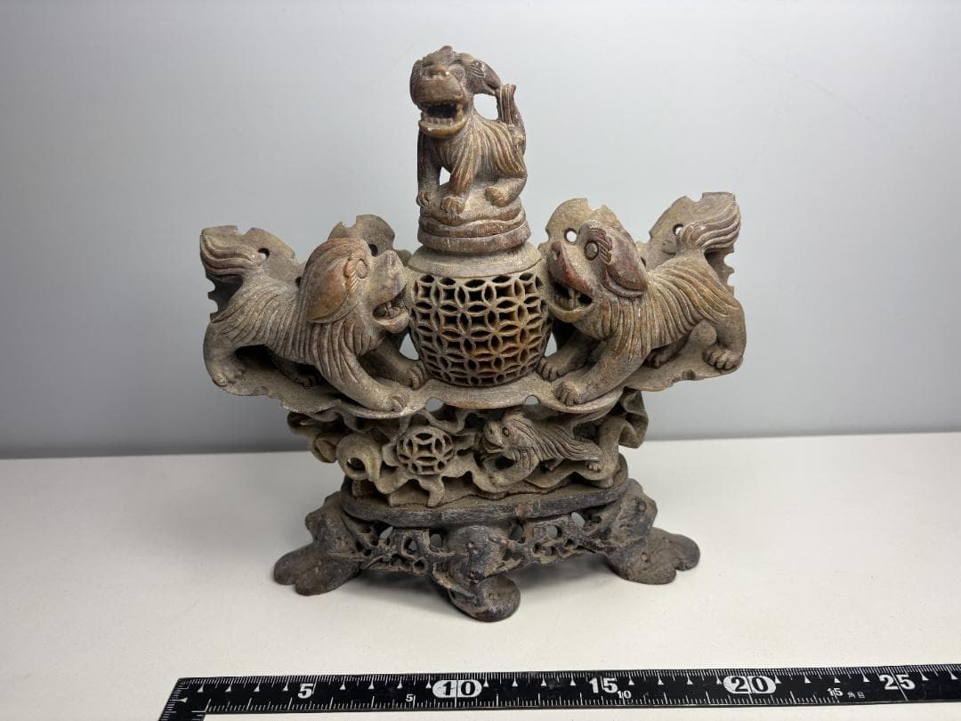 【中国】天然石 青田石 骨董彫刻 置物 獅子鈕蓋爐 香炉 アンティーク