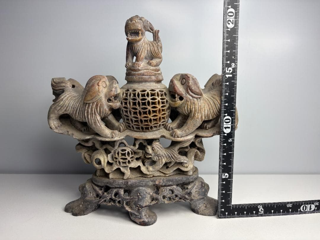 【中国】天然石 青田石 骨董彫刻 置物 獅子鈕蓋爐 香炉 アンティーク