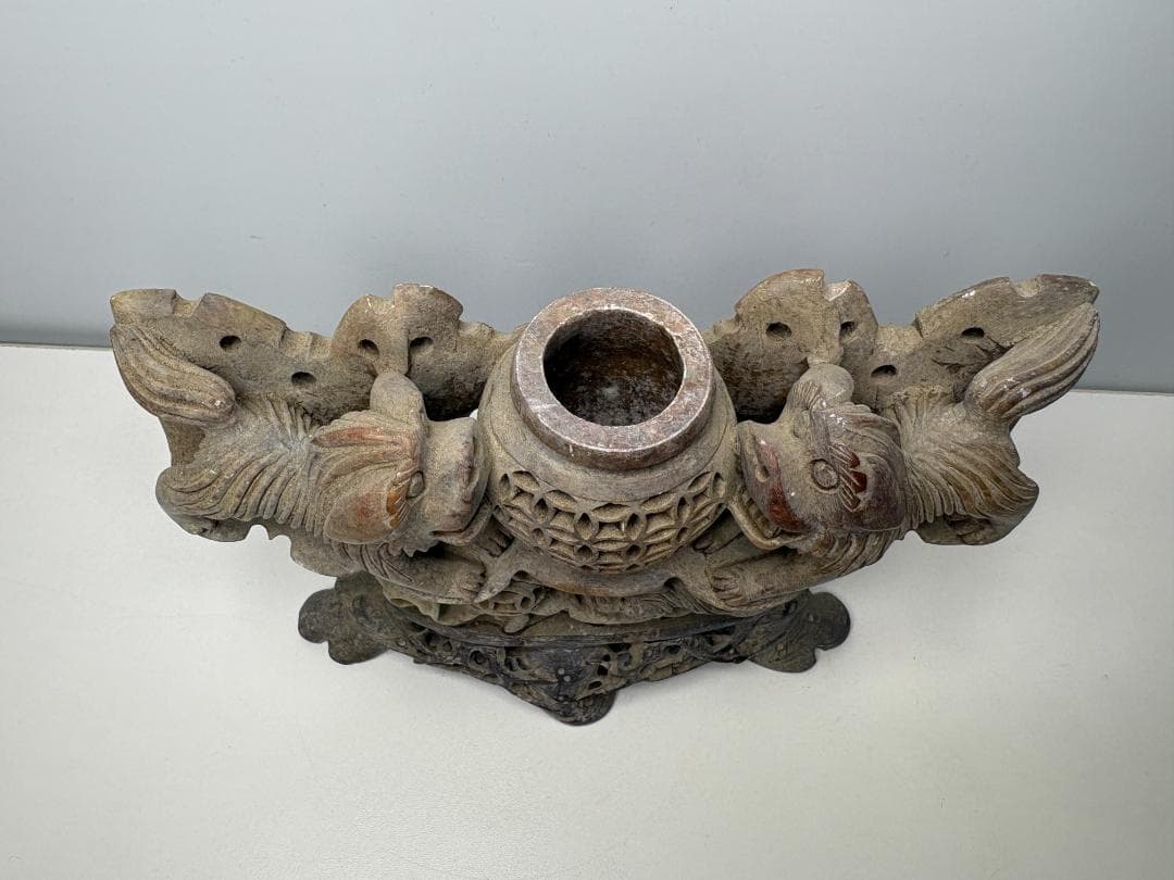 【中国】天然石 青田石 骨董彫刻 置物 獅子鈕蓋爐 香炉 アンティーク