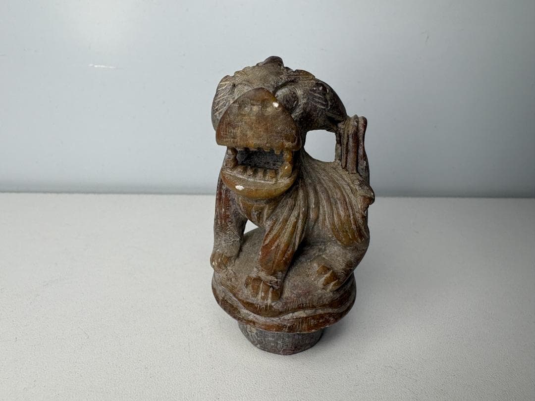 【中国】天然石 青田石 骨董彫刻 置物 獅子鈕蓋爐 香炉 アンティーク