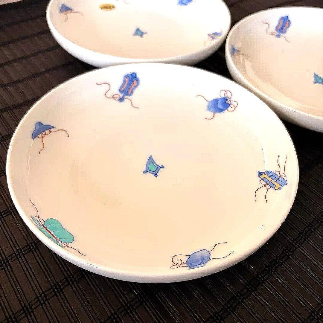 【未使用品】【伊万里鍋島焼】畑萬陶苑 手描き 宝尽くし文 盛皿 中皿 3枚