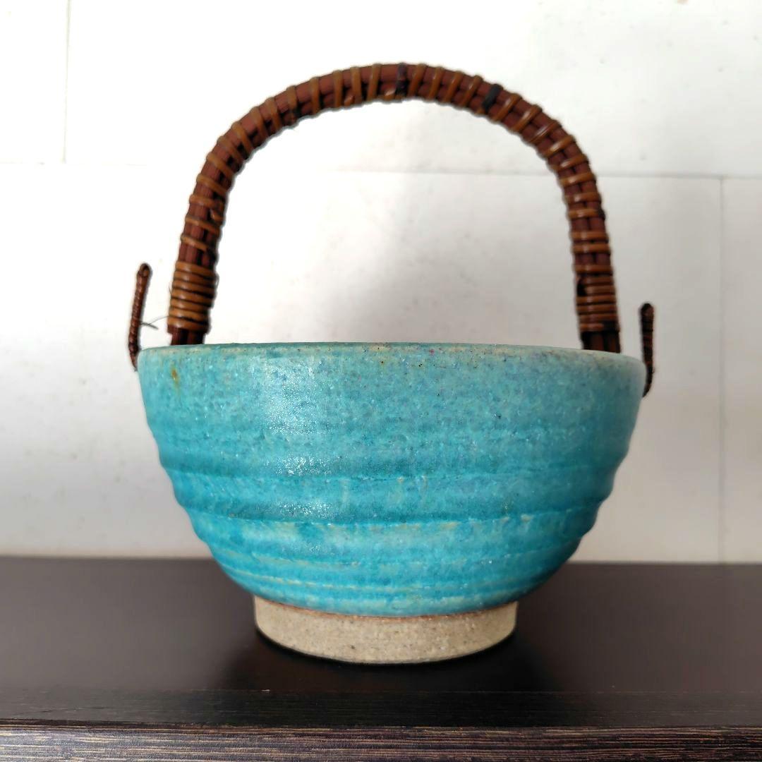 和食器【松助窯】アイスペール 氷入れ 取手付きのボール トルコブルー　未使用品
