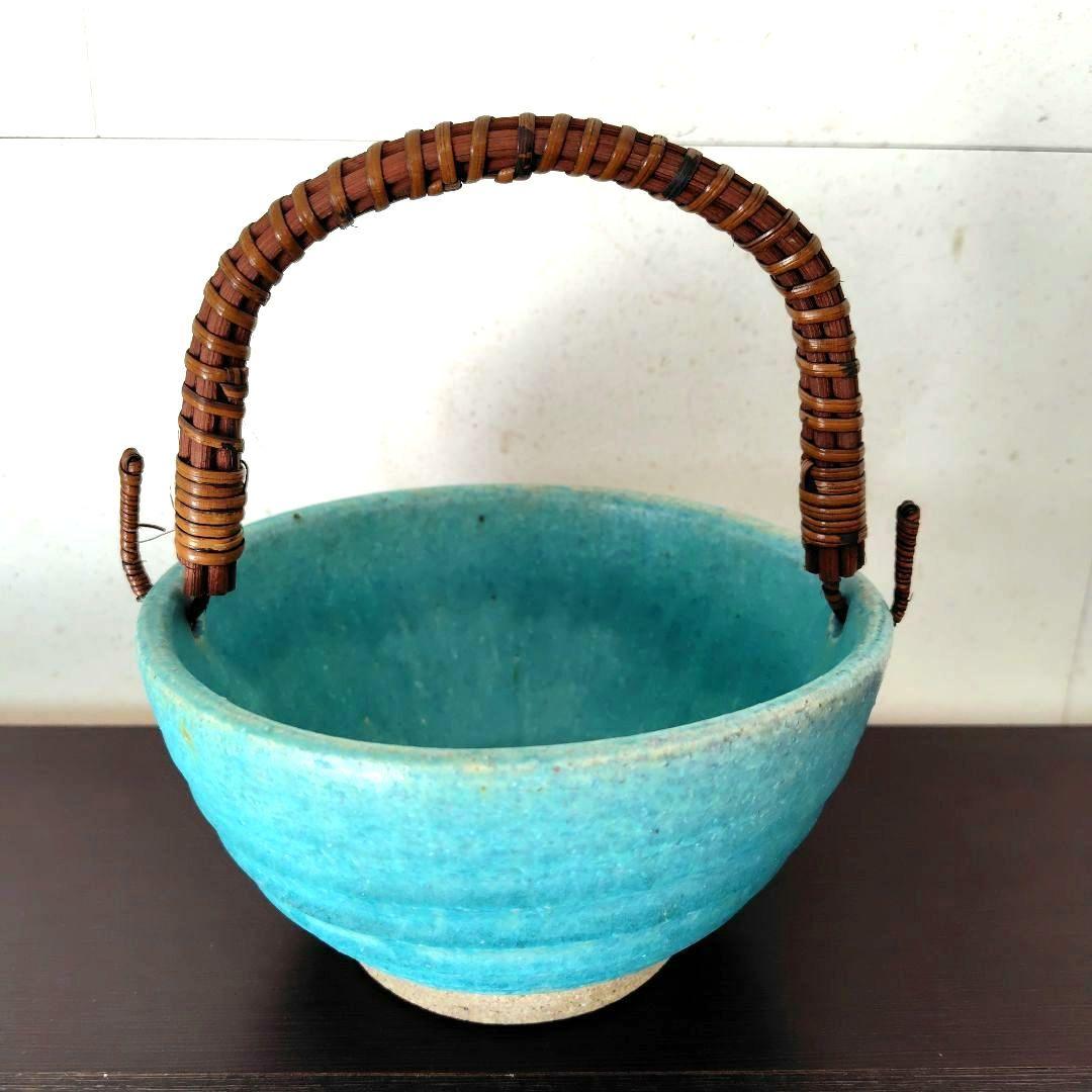 和食器【松助窯】アイスペール 氷入れ 取手付きのボール トルコブルー　未使用品