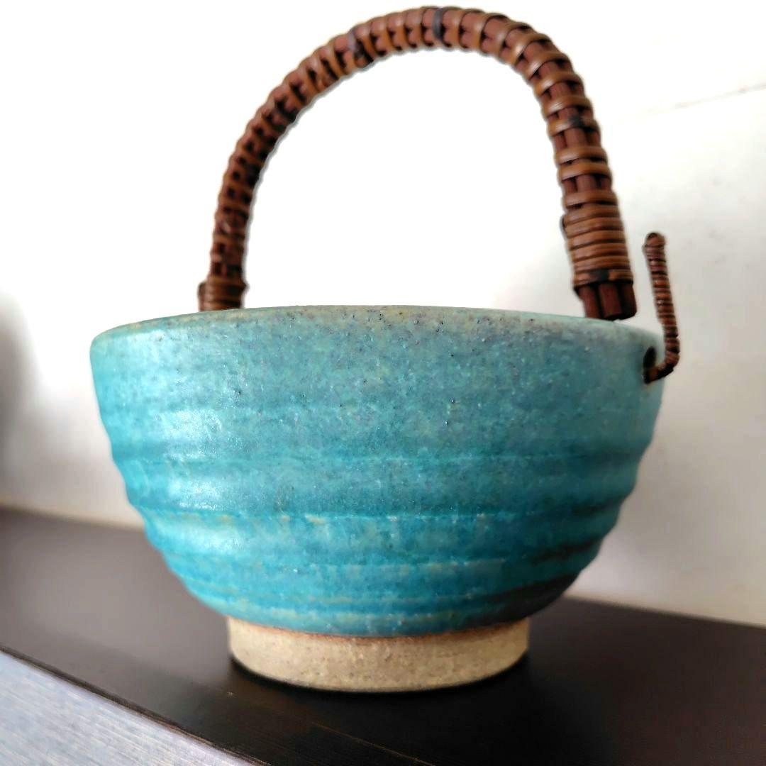 和食器【松助窯】アイスペール 氷入れ 取手付きのボール トルコブルー　未使用品