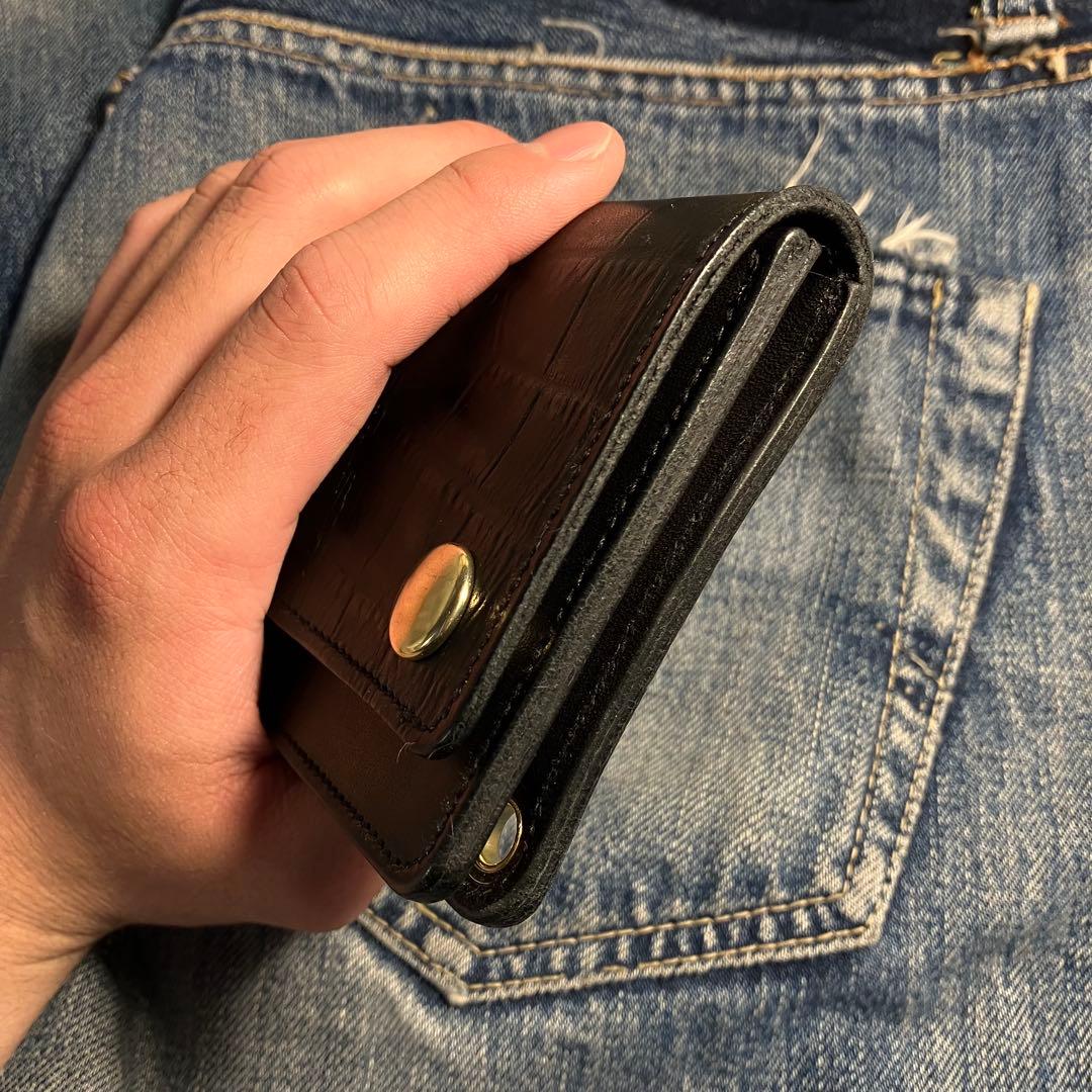 薄型ミドルトラッカーウォレット 2層 ブラス 栃木レザー ハンドメイド