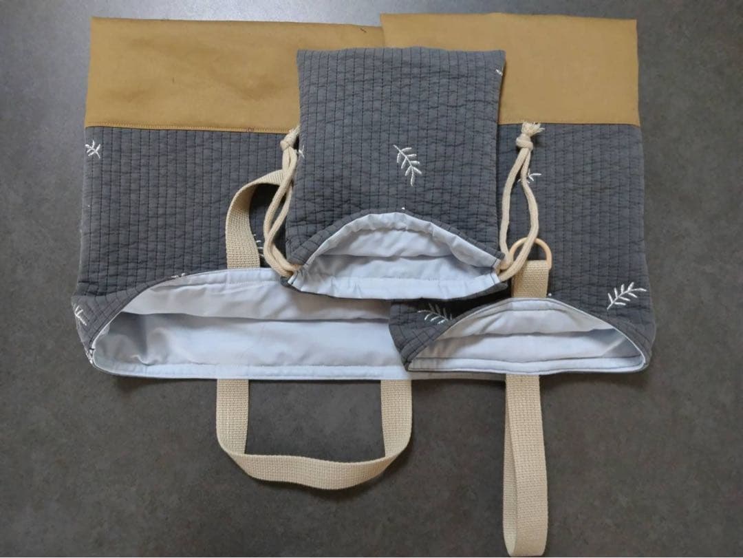 入園入学3点セット ヌビ キルティング レッスンバッグ 上履き入れ 刺繍リーフ