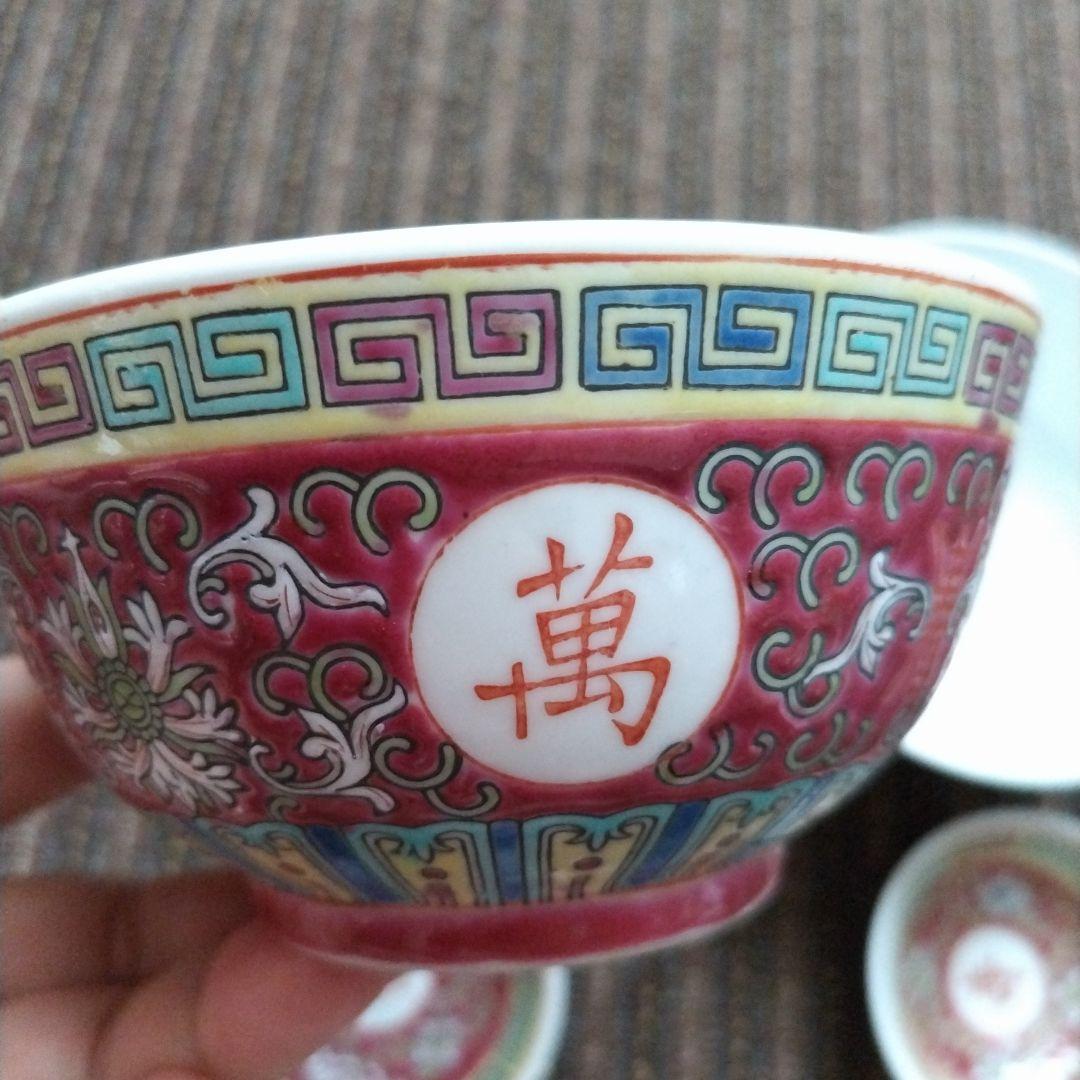 中国景徳鎮　粉彩　唐草文様　花文様　茶碗＆豆皿＆レンゲ　２セット