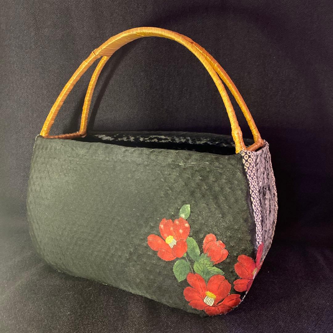 一閑張り　竹籠バック　ひょっとこおたふく　古布