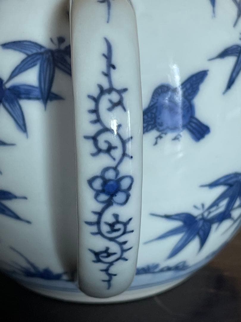 春泉　青い竹と鳥の絵柄の急須