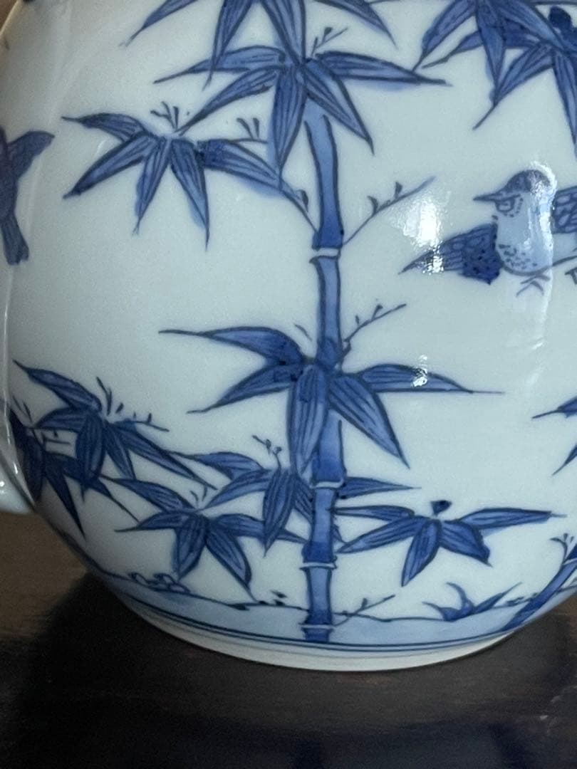 春泉　青い竹と鳥の絵柄の急須