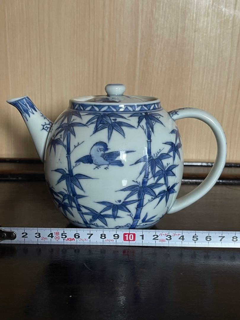 春泉　青い竹と鳥の絵柄の急須