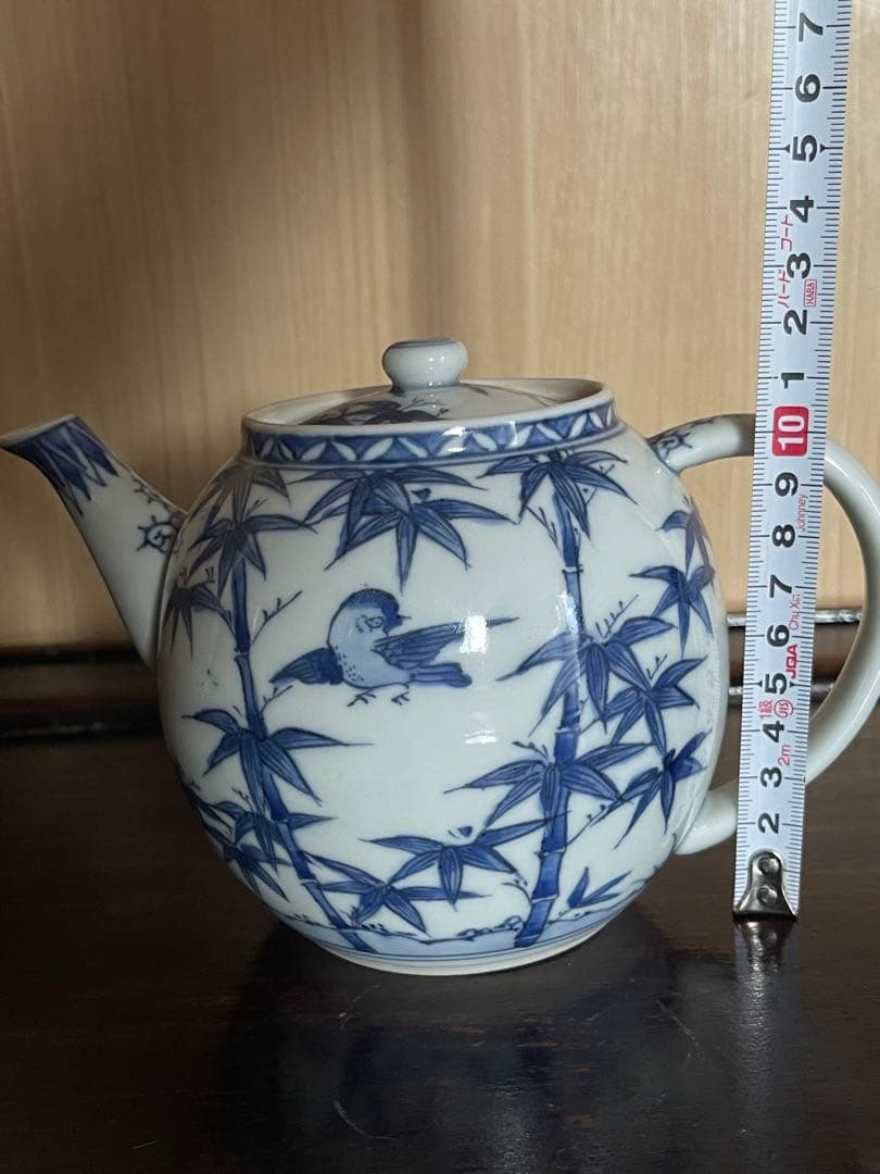 春泉　青い竹と鳥の絵柄の急須
