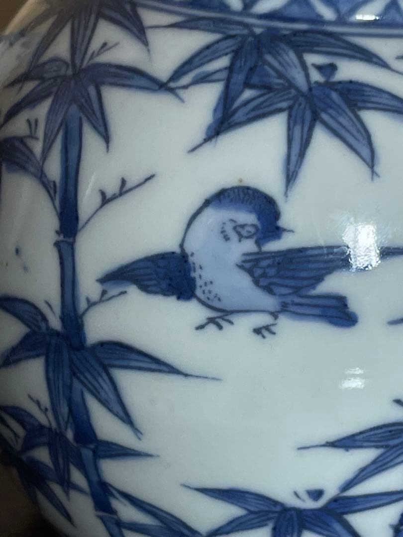春泉　青い竹と鳥の絵柄の急須