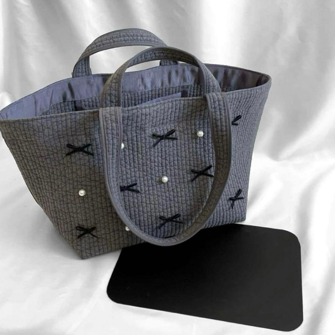 ヌビバッグ⭐︎ガーデン　リボンパール　ダークグレー　底板付♡隠しマグネット