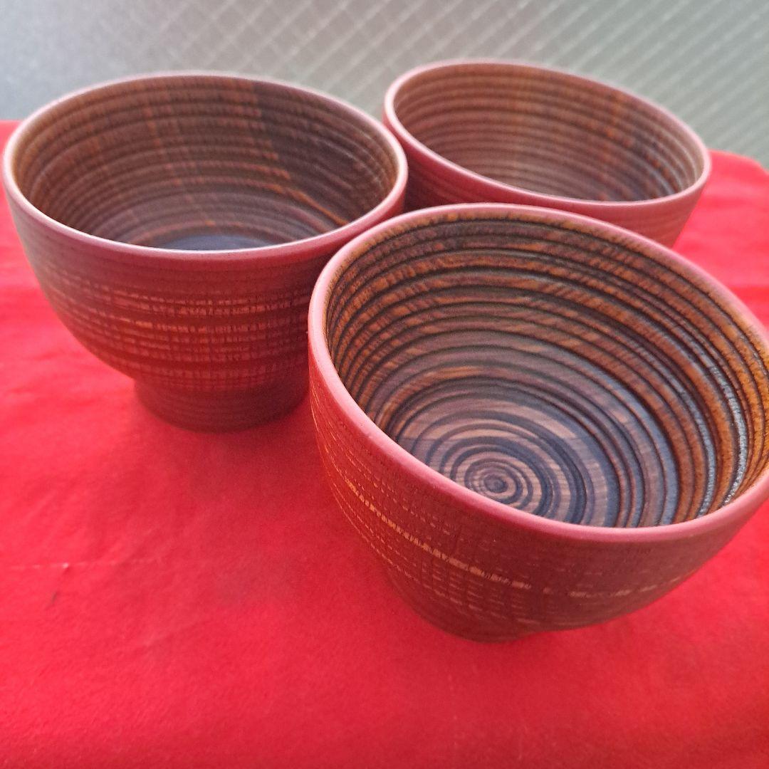 【山中漆器　大椀×3客】天然木製　内外\"轆轤目　未使用品