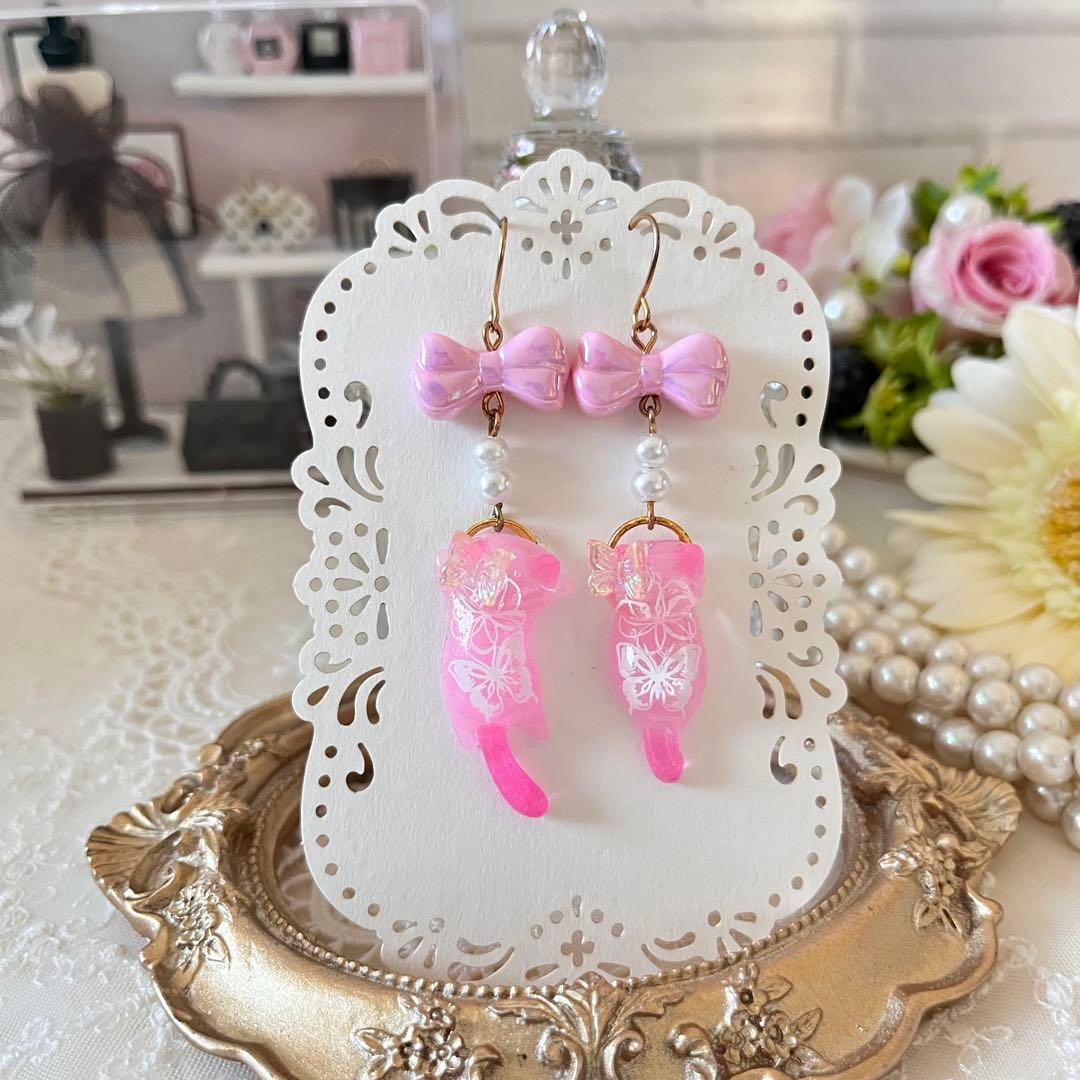 ฅ❤️ 花　レジン　猫　ねこ　パール　蝶々　ピアス　イヤリング　ハンドメイド