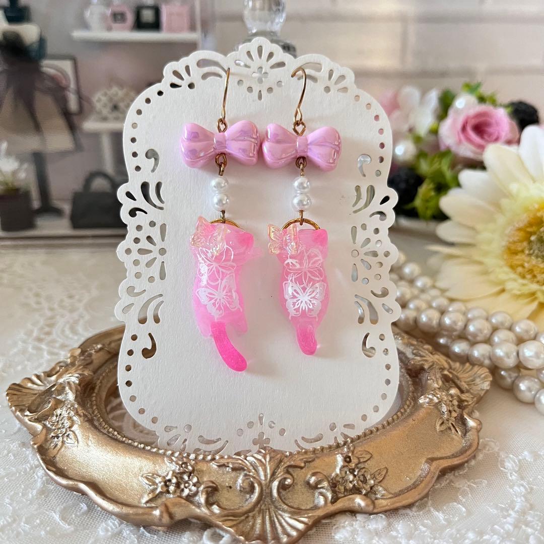 ฅ❤️ 花　レジン　猫　ねこ　パール　蝶々　ピアス　イヤリング　ハンドメイド