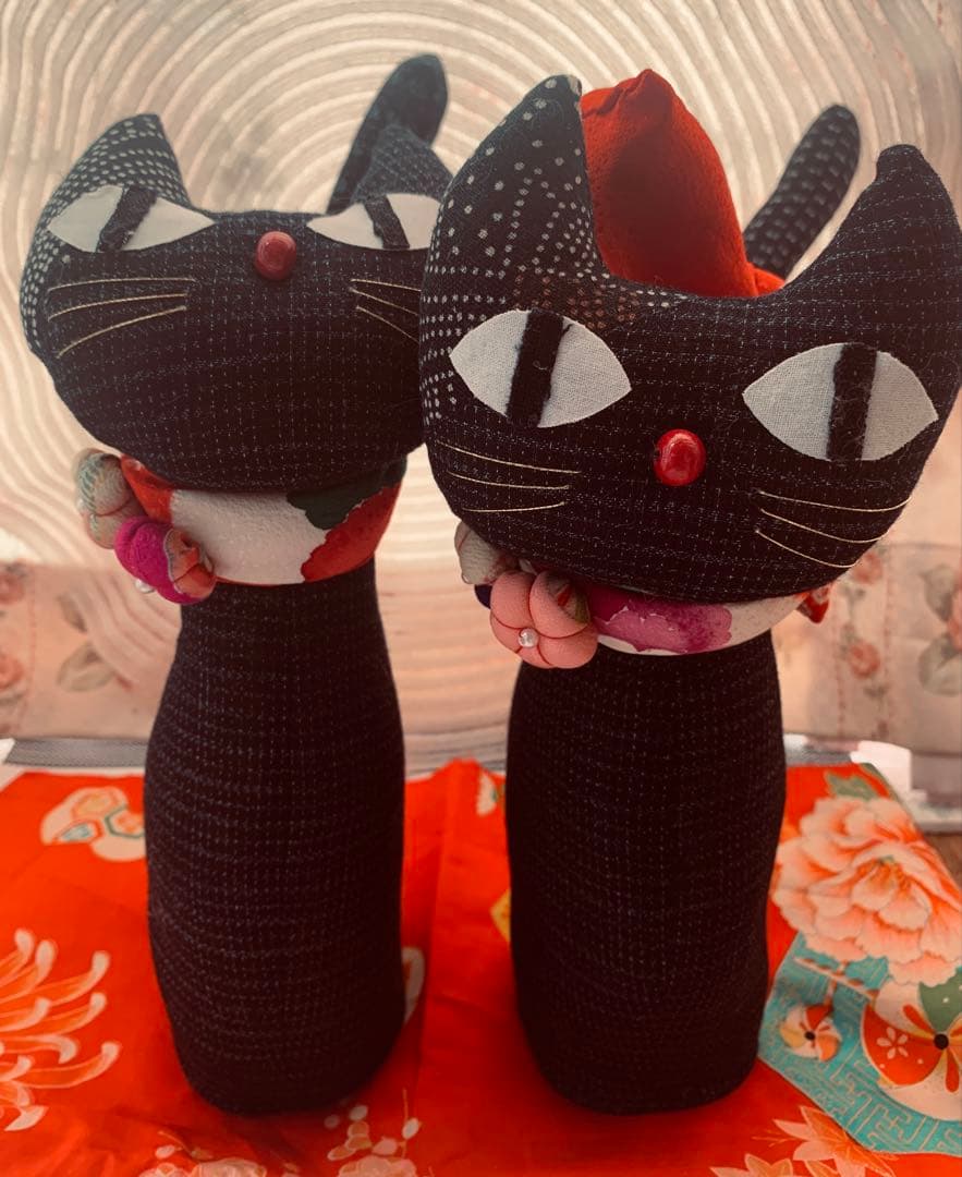 ハンドメイド　和風猫のぬいぐるみ2個セット◆◆古布着物はぎれリメイクぬいぐるみ