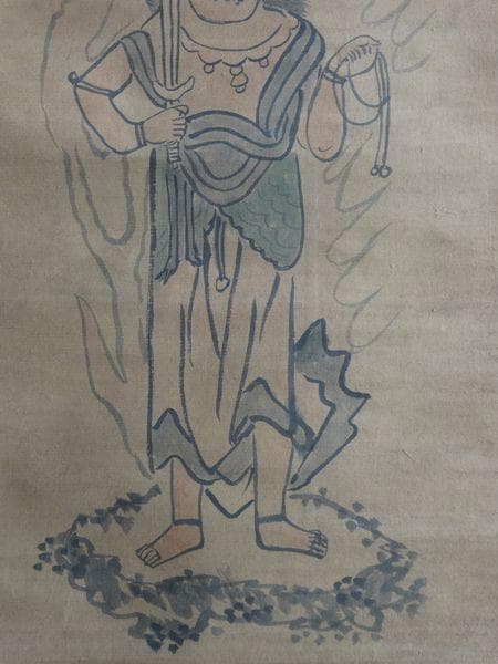 稀少 アンティーク 寺 不動尊 不動明王 仏画 紙本 肉筆 掛軸 仏像 古美術