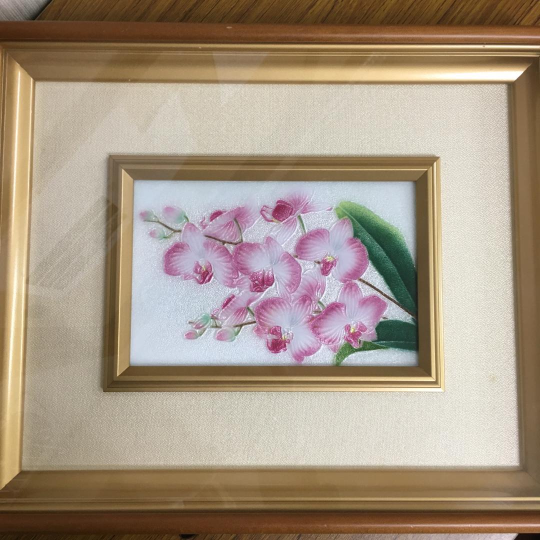 Y 長期保管 七宝焼 絵画 胡蝶蘭 ガラス 花 工芸品 インテリア 額縁