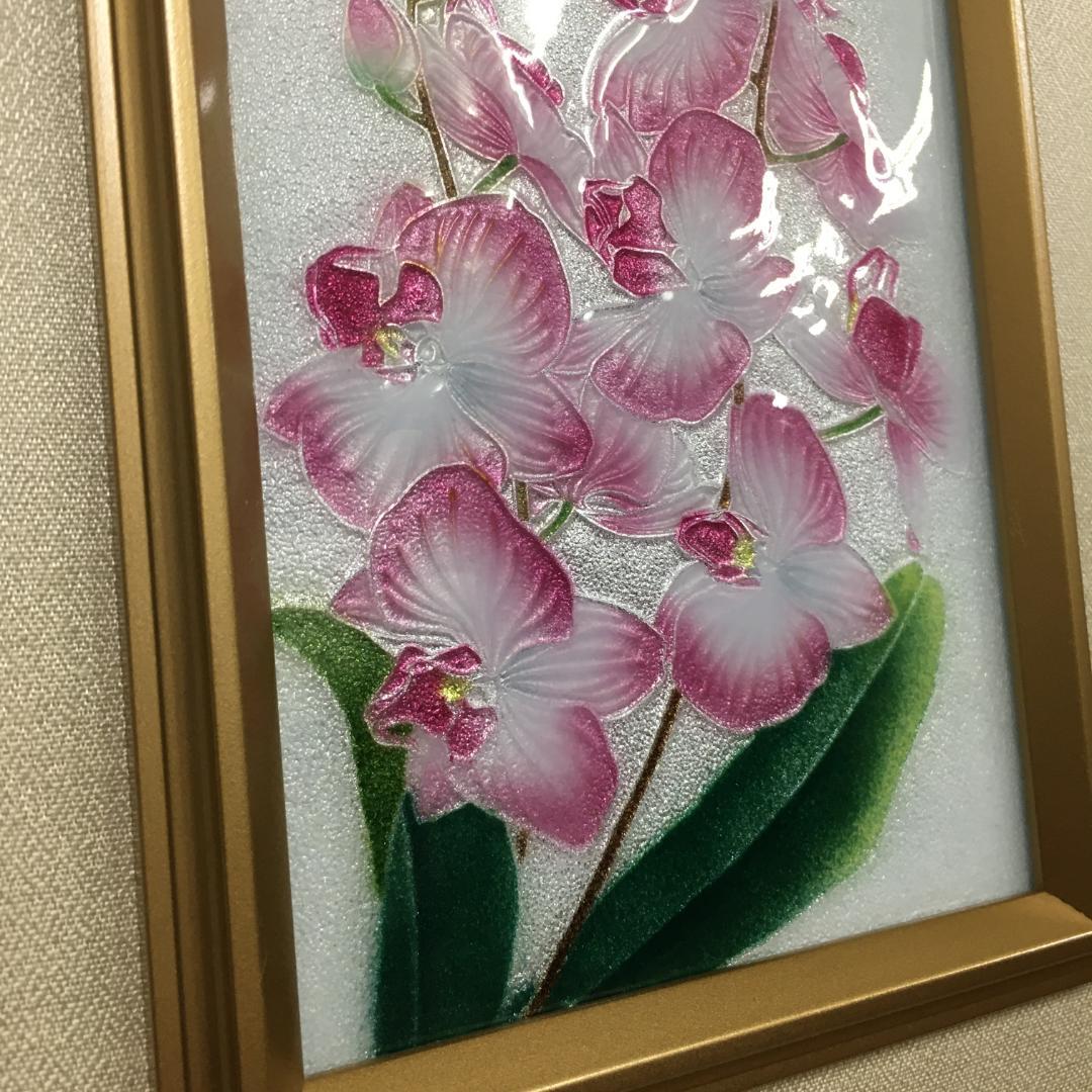 Y 長期保管 七宝焼 絵画 胡蝶蘭 ガラス 花 工芸品 インテリア 額縁