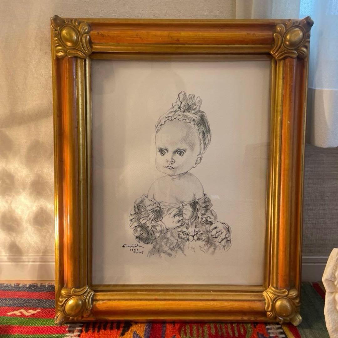 藤田嗣治 猫と少女 1951 リトグラフ 石版画　アンティーク　額装　フランス