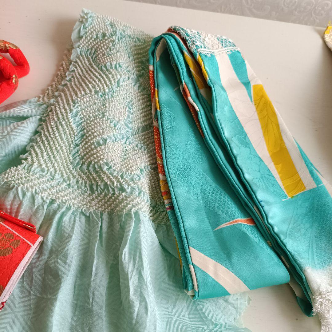 アンティークピンクにくすみブルーの雲取模様の着物と帯フルセット